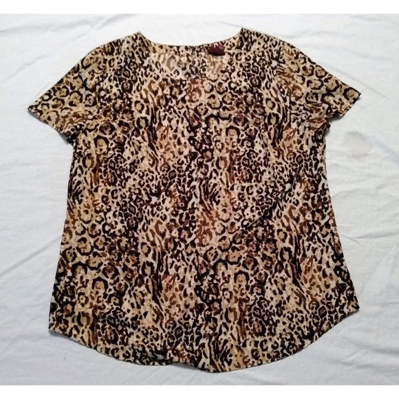 MERONA Ladies Cheetah Brown Gold Animal Print Bateau Neck Cap Sleeve Top Size L - Picture 1 of 4